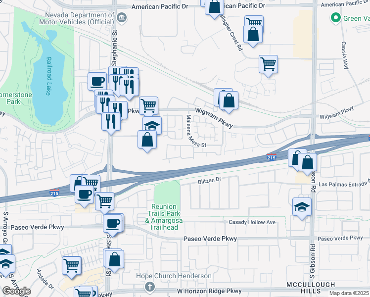map of restaurants, bars, coffee shops, grocery stores, and more near 45 Maleena Mesa Street in Henderson