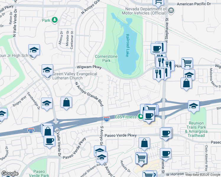 map of restaurants, bars, coffee shops, grocery stores, and more near 1537 Moss View Court in Henderson