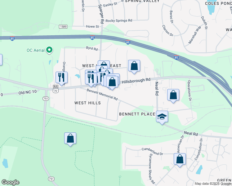 map of restaurants, bars, coffee shops, grocery stores, and more near 4621 Hillsborough Road in Durham