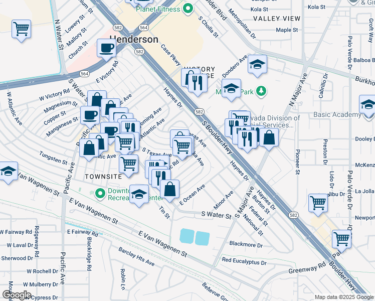 map of restaurants, bars, coffee shops, grocery stores, and more near 46 East Basic Road in Henderson
