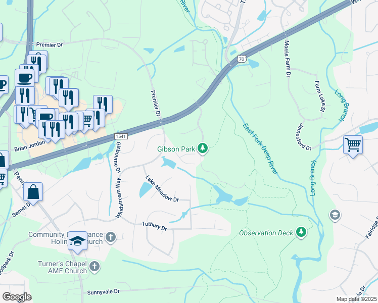 map of restaurants, bars, coffee shops, grocery stores, and more near 3973 Katherine Way in Jamestown