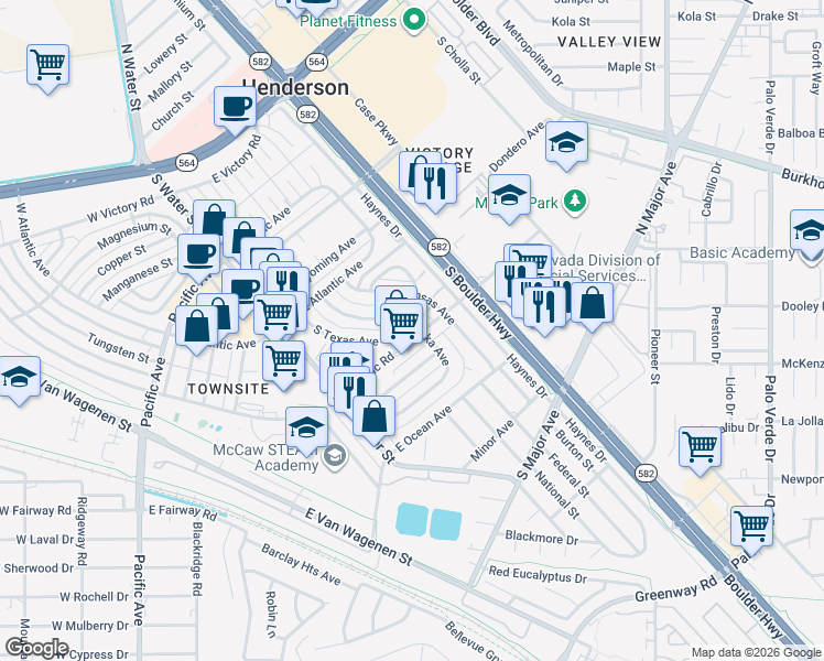 map of restaurants, bars, coffee shops, grocery stores, and more near 46 East Basic Road in Henderson
