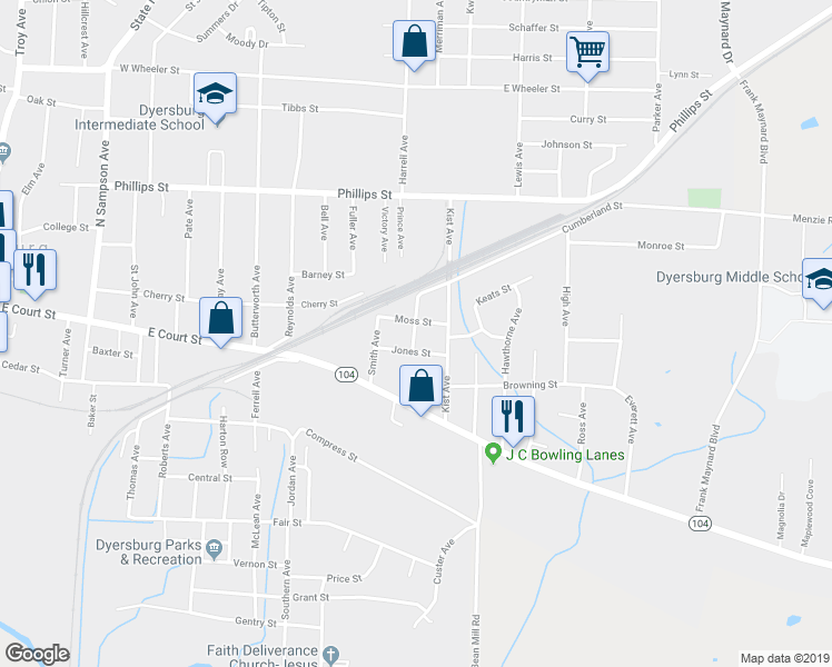 map of restaurants, bars, coffee shops, grocery stores, and more near 224 Bratton Avenue in Dyersburg