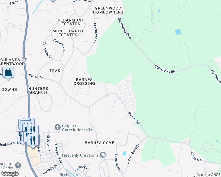 map of restaurants, bars, coffee shops, grocery stores, and more near 1180 Barnes Road in Nashville