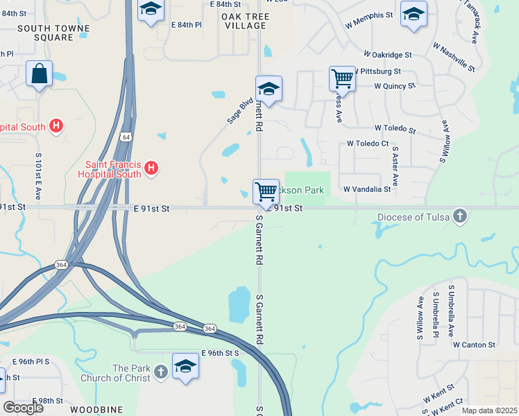 map of restaurants, bars, coffee shops, grocery stores, and more near S Garnett Rd & East 91st St S in Broken Arrow