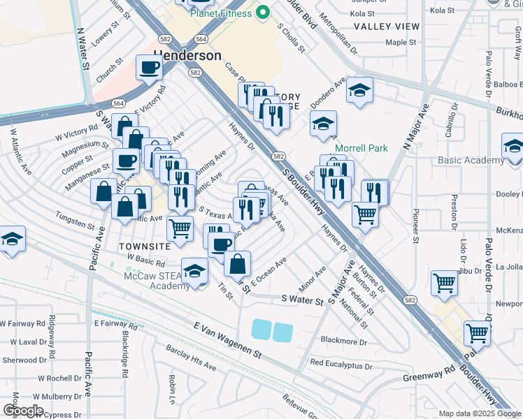 map of restaurants, bars, coffee shops, grocery stores, and more near 2 East Basic Road in Henderson
