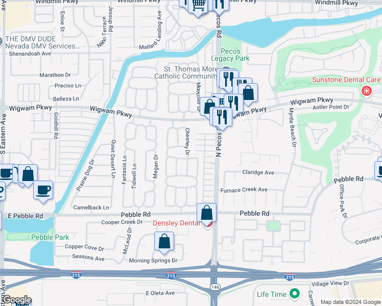 map of restaurants, bars, coffee shops, grocery stores, and more near 56 Chesney Drive in Henderson