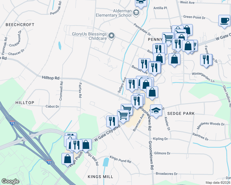 map of restaurants, bars, coffee shops, grocery stores, and more near 4218 Hilltop Road in Greensboro