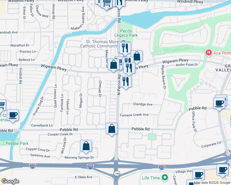 map of restaurants, bars, coffee shops, grocery stores, and more near 2603 Peat Moss Avenue in Henderson