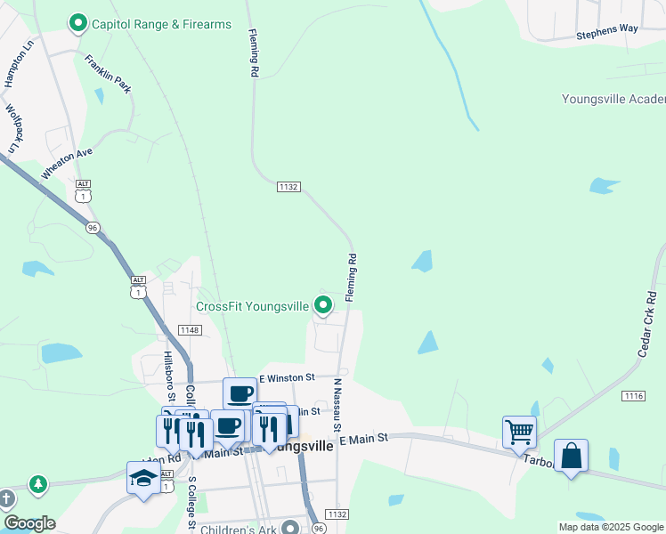 map of restaurants, bars, coffee shops, grocery stores, and more near 1214 Fleming Road in Youngsville