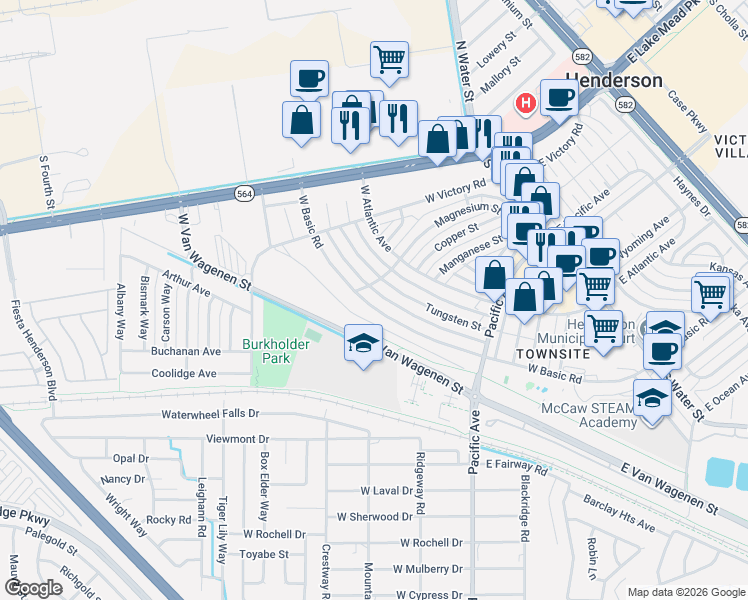 map of restaurants, bars, coffee shops, grocery stores, and more near 278 West Basic Road in Henderson