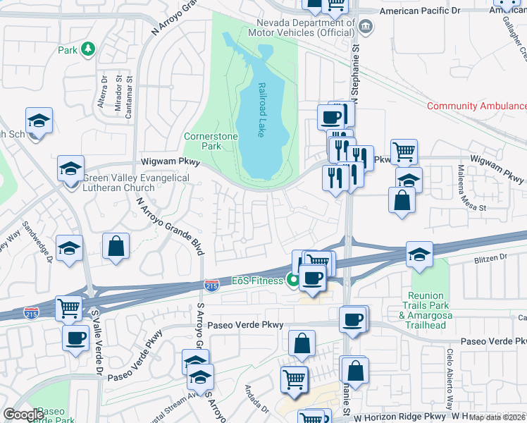 map of restaurants, bars, coffee shops, grocery stores, and more near 50 Aura de Blanco Street in Henderson