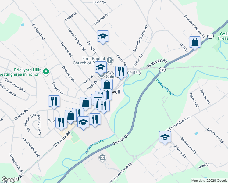 map of restaurants, bars, coffee shops, grocery stores, and more near 1723 West Emory Road in Powell