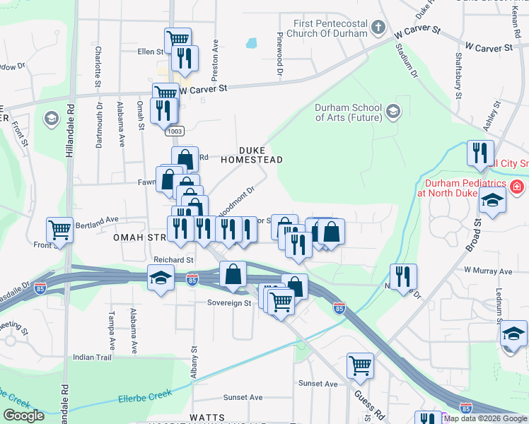 map of restaurants, bars, coffee shops, grocery stores, and more near 2132 Strebor Street in Durham