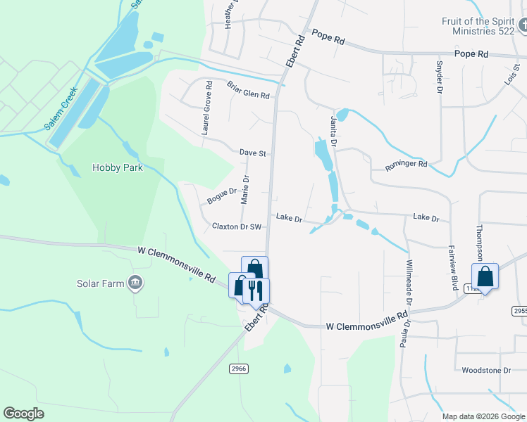 map of restaurants, bars, coffee shops, grocery stores, and more near 2005 Claxton Drive Southwest in Winston-Salem
