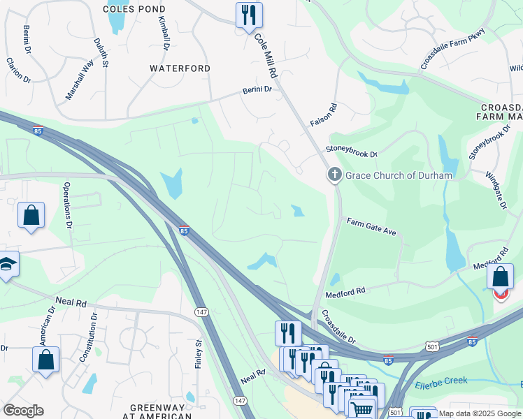 map of restaurants, bars, coffee shops, grocery stores, and more near 1121 Basalt Court in Durham