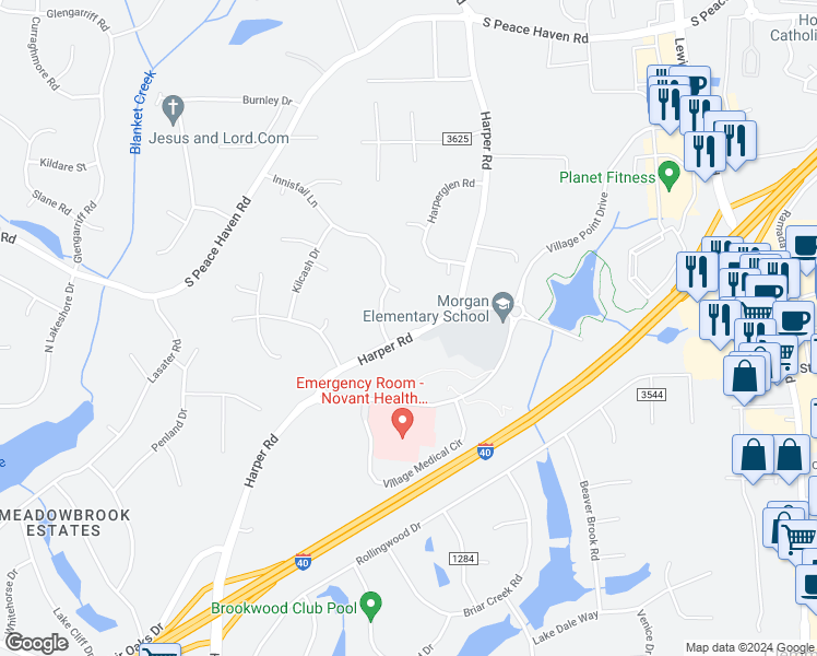 map of restaurants, bars, coffee shops, grocery stores, and more near 3390 Harper Road in Clemmons