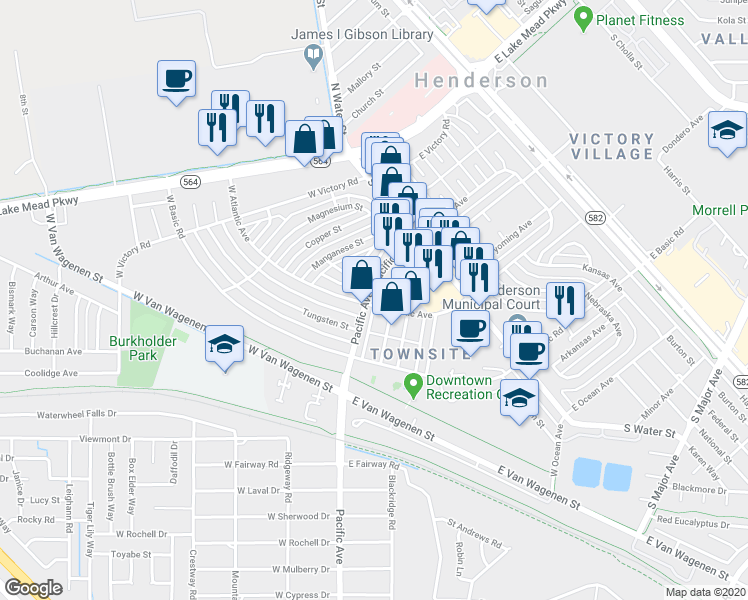 map of restaurants, bars, coffee shops, grocery stores, and more near 204 Pacific Avenue in Henderson