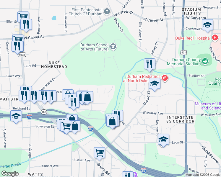 map of restaurants, bars, coffee shops, grocery stores, and more near 1817 Strebor Street in Durham