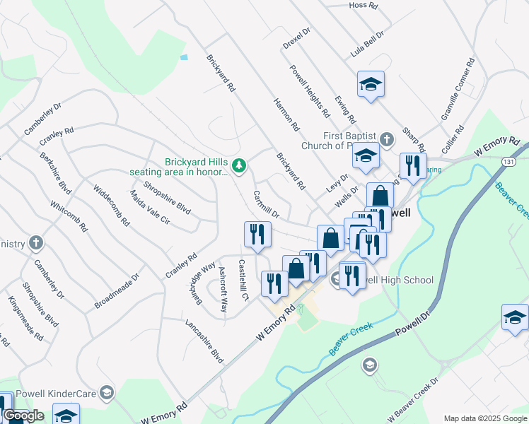 map of restaurants, bars, coffee shops, grocery stores, and more near 2126 Cartmill Drive in Powell