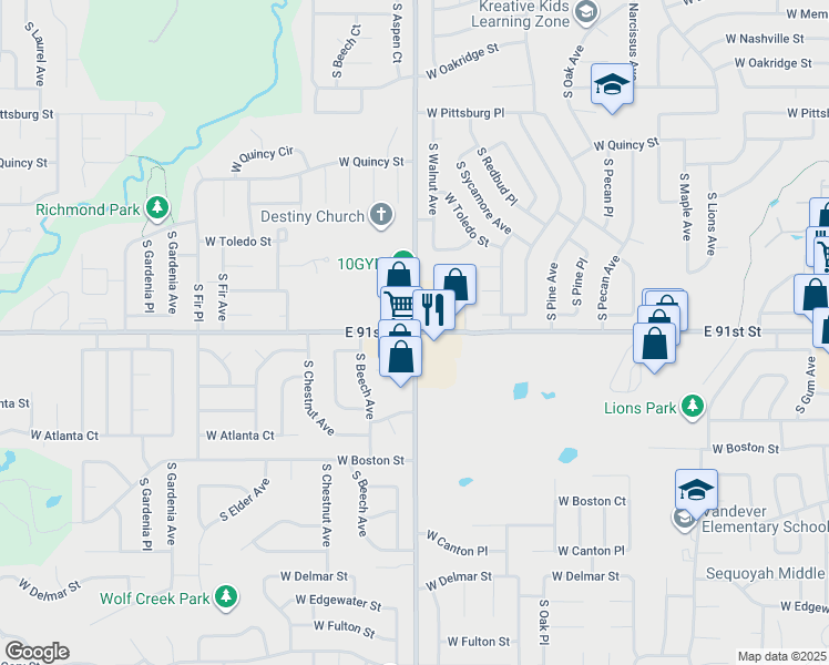 map of restaurants, bars, coffee shops, grocery stores, and more near East 91st St S & S Aspen Ave in Broken Arrow