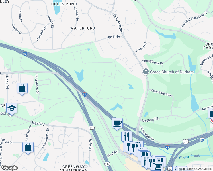 map of restaurants, bars, coffee shops, grocery stores, and more near 1121 Basalt Court in Durham