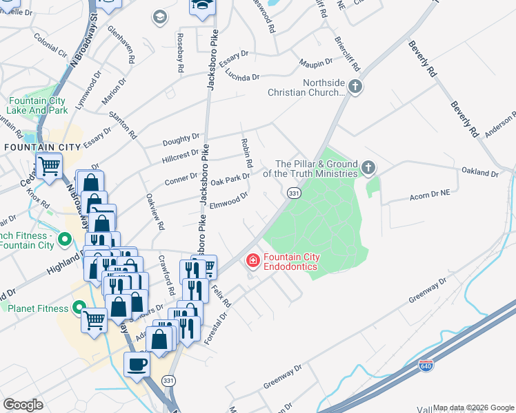 map of restaurants, bars, coffee shops, grocery stores, and more near 5030 Fowler Lane Northeast in Knoxville