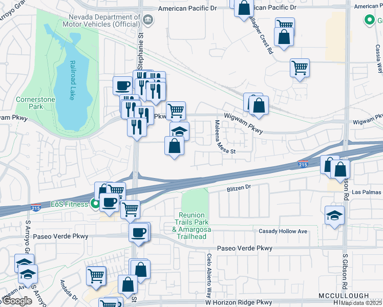 map of restaurants, bars, coffee shops, grocery stores, and more near 45 Maleena Mesa Street in Henderson