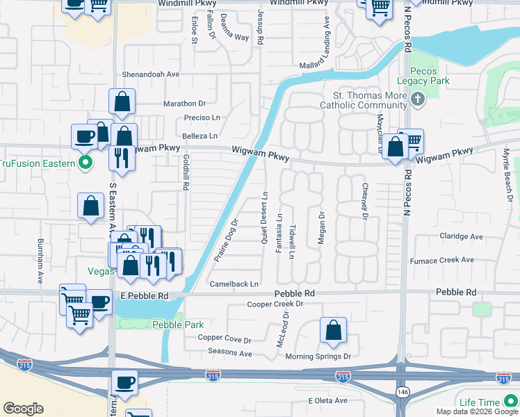 map of restaurants, bars, coffee shops, grocery stores, and more near 2811 Whisper Lane in Henderson