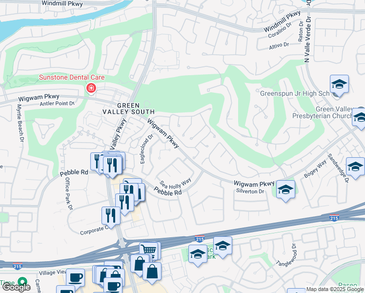 map of restaurants, bars, coffee shops, grocery stores, and more near 2107 Eaglepath Circle in Henderson