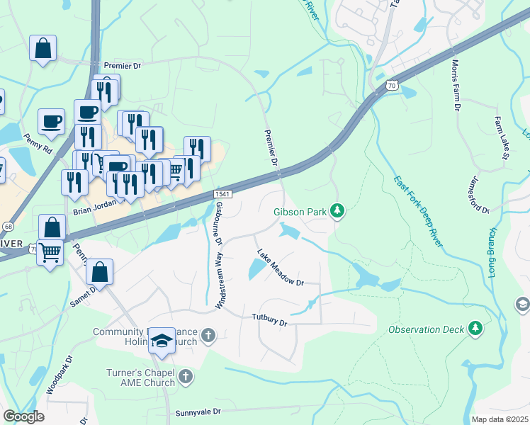 map of restaurants, bars, coffee shops, grocery stores, and more near 4028 Windstream Court in Jamestown