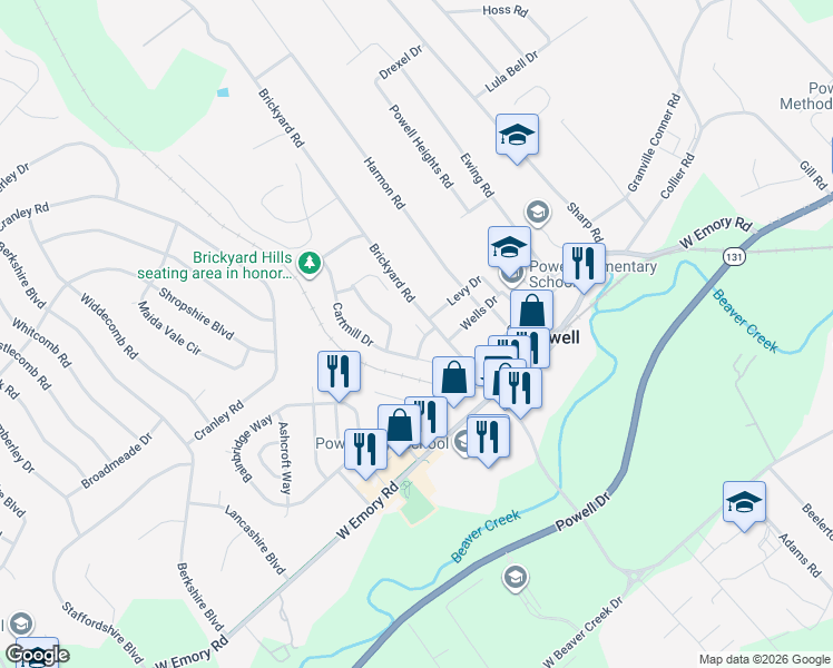map of restaurants, bars, coffee shops, grocery stores, and more near 7801 Beechtree Lane in Powell