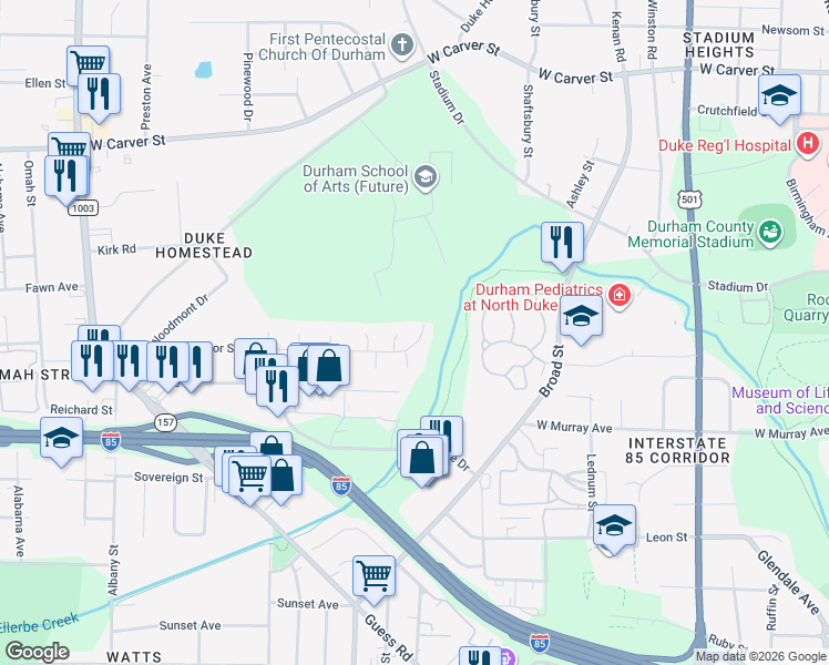 map of restaurants, bars, coffee shops, grocery stores, and more near 1817 Strebor Street in Durham