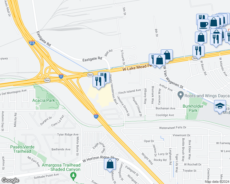 map of restaurants, bars, coffee shops, grocery stores, and more near 708 Finch Island Avenue in Henderson