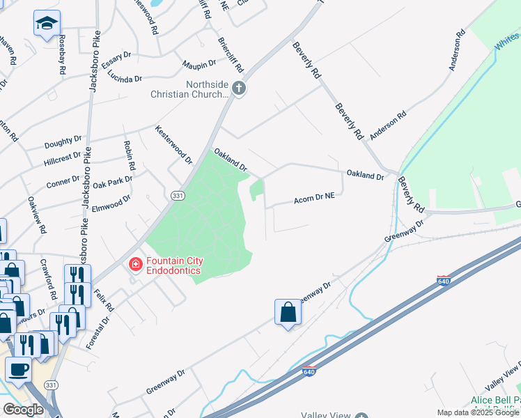 map of restaurants, bars, coffee shops, grocery stores, and more near 4931 Cabin Road Northeast in Knoxville