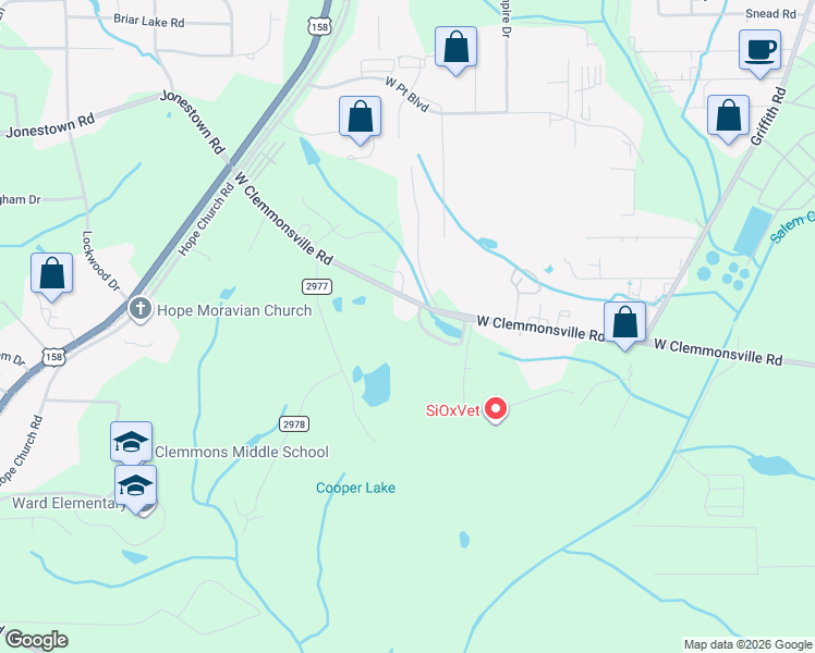 map of restaurants, bars, coffee shops, grocery stores, and more near 2514 West Clemmonsville Road in Winston-Salem