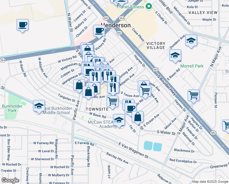 map of restaurants, bars, coffee shops, grocery stores, and more near 222 South Water Street in Henderson