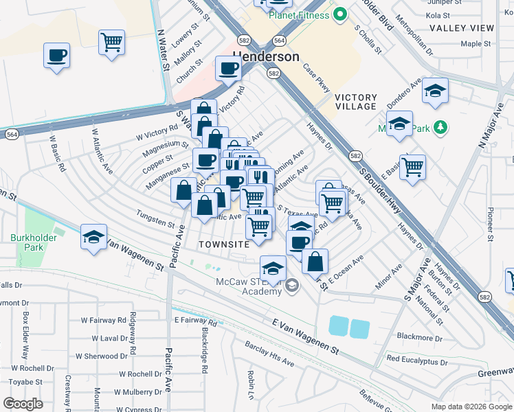 map of restaurants, bars, coffee shops, grocery stores, and more near 2 West Atlantic Avenue in Henderson