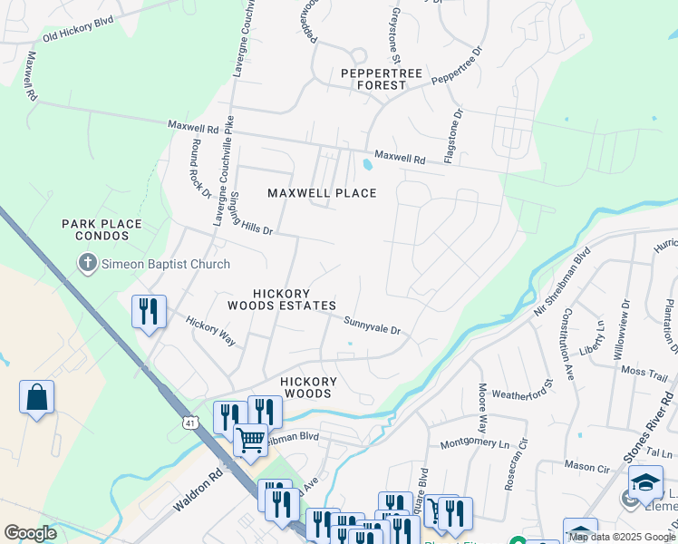 map of restaurants, bars, coffee shops, grocery stores, and more near 6300 Wildgrove Drive in Nashville