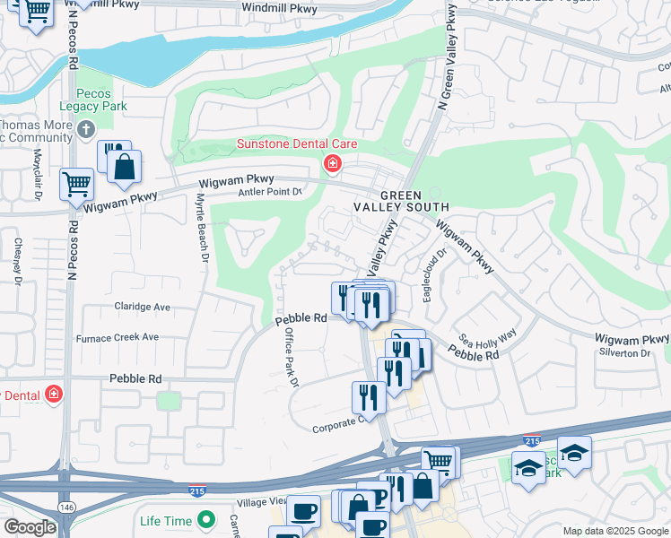 map of restaurants, bars, coffee shops, grocery stores, and more near 2201 Ramsgate Drive in Henderson