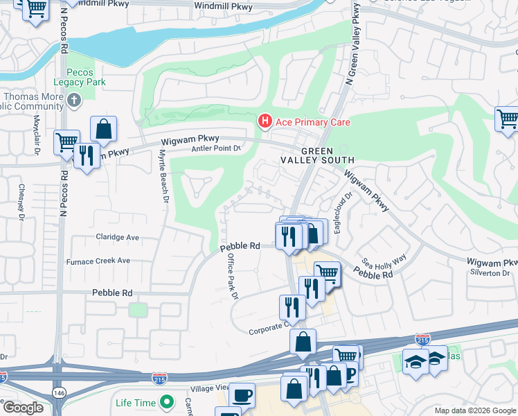 map of restaurants, bars, coffee shops, grocery stores, and more near 2201 Ramsgate Drive in Henderson