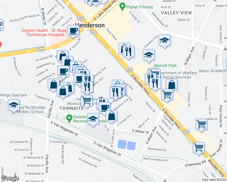 map of restaurants, bars, coffee shops, grocery stores, and more near 242 Nebraska Avenue in Henderson