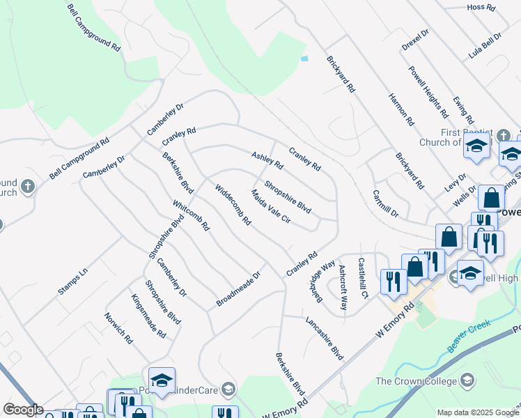 map of restaurants, bars, coffee shops, grocery stores, and more near 7742 Widdecomb Road in Powell