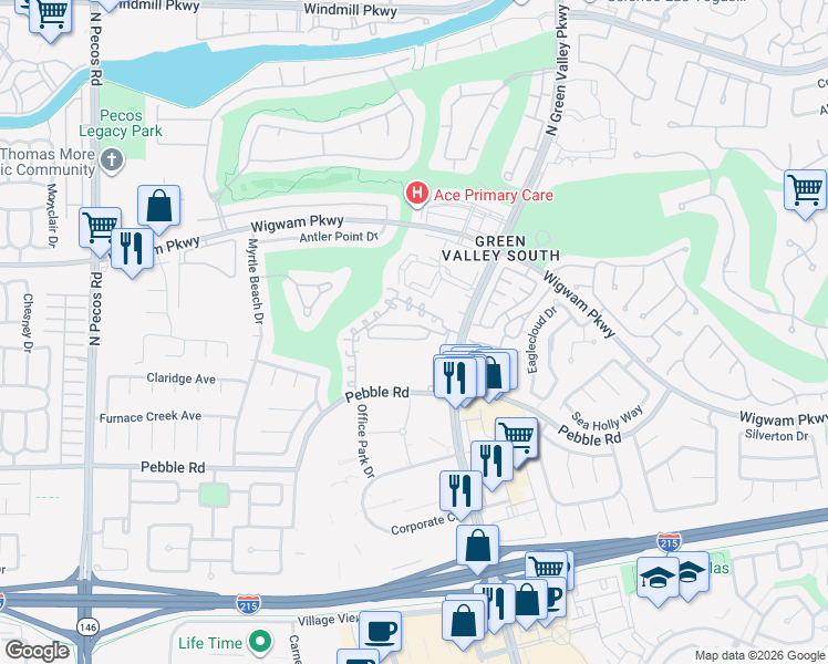 map of restaurants, bars, coffee shops, grocery stores, and more near 2201 Ramsgate Drive in Henderson