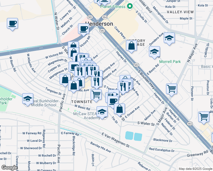 map of restaurants, bars, coffee shops, grocery stores, and more near 214 South Texas Avenue in Henderson
