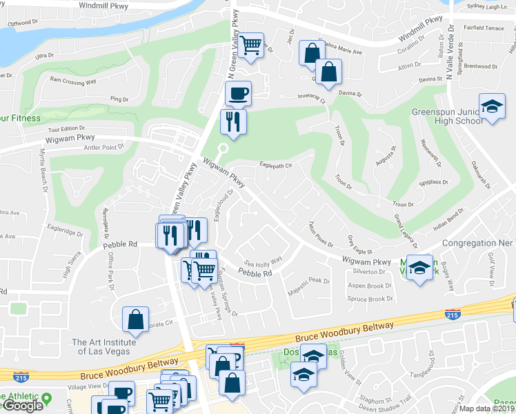 map of restaurants, bars, coffee shops, grocery stores, and more near 2128 Feather Bush Street in Henderson