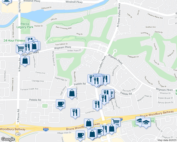 map of restaurants, bars, coffee shops, grocery stores, and more near 2201 Ramsgate Drive in Henderson