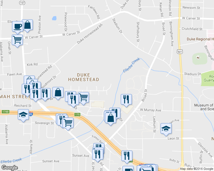 map of restaurants, bars, coffee shops, grocery stores, and more near 8 Parkridge Court in Durham