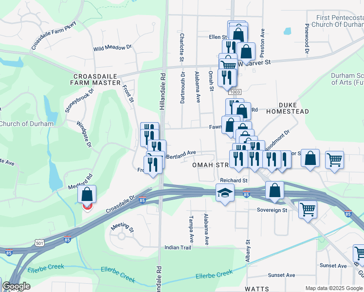 map of restaurants, bars, coffee shops, grocery stores, and more near 1830 Hillandale Road in Durham