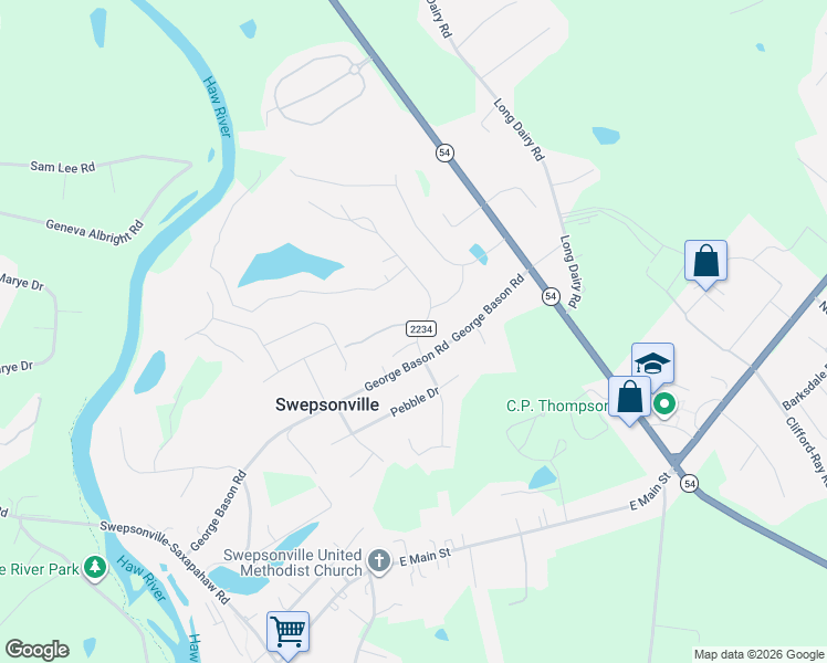 map of restaurants, bars, coffee shops, grocery stores, and more near 2210 Hickory Run in Graham